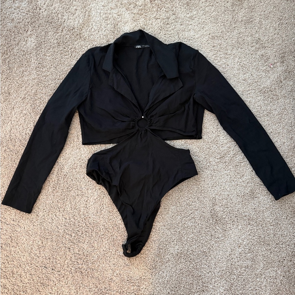 Zara Black Long-Sleeve Ring-Front Collared Bodysuit